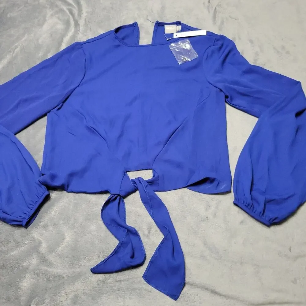 New Asos Shirt Womens 6 Blue Tie Front Long‎ Sleeve Tall Top Cropped Button Back